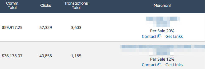 Screenshot of affiliate commission stats