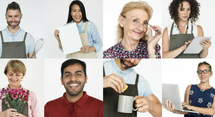 Photo of a collage of men and women in various jobs, smiling at the camera