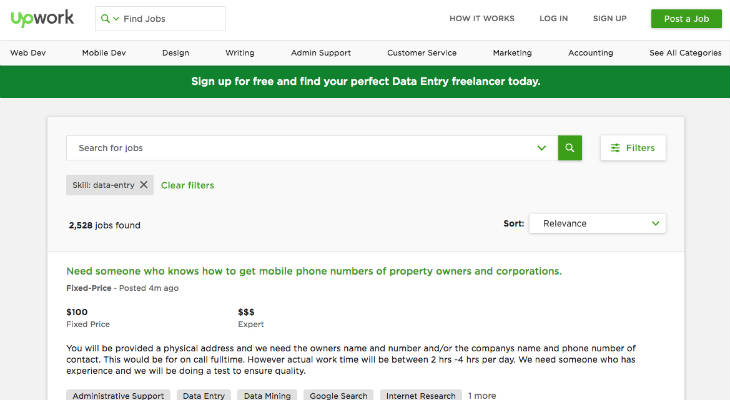 Upwork Data Entry Jobs screenshot
